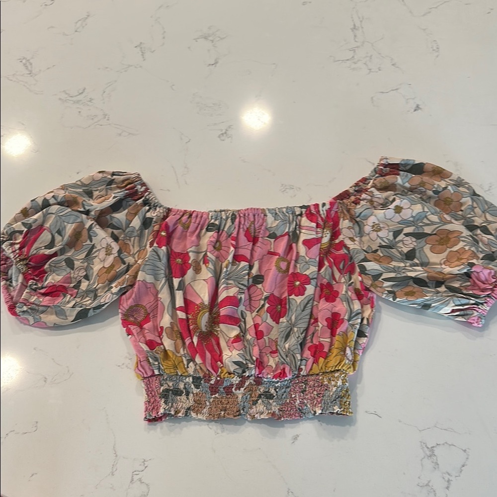 Petal & Pup Pink and Cream Puffed Sleeve Crop Blouse